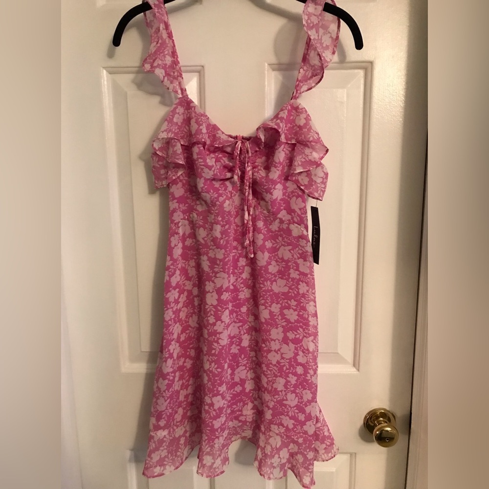Lulus pink floral dress with ruffle straps and detail